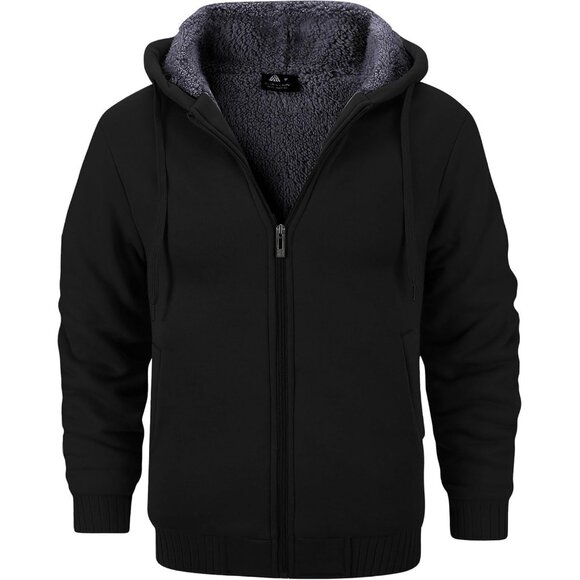 Men’s Pure Black Fleece-lined Zip Up Thick Hooded Jacket Winter Warm Sweatshirt